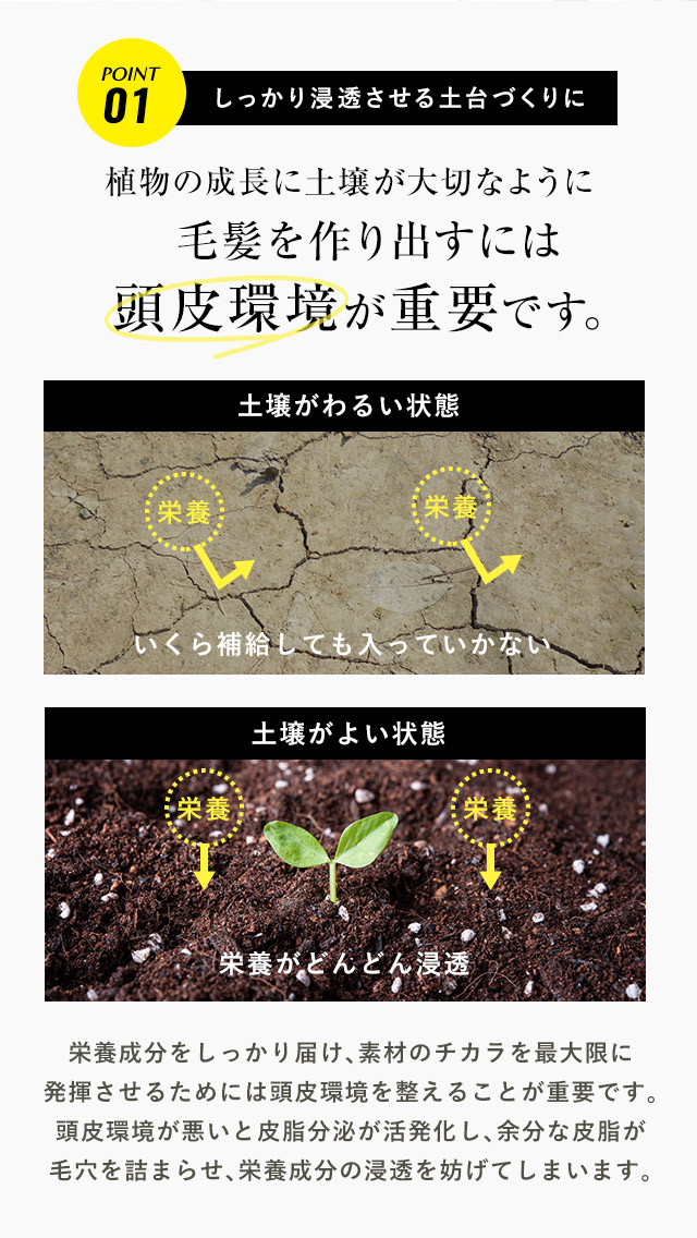 しっかり浸透させる土台づくりに。植物の成長には土壌が大切なように毛髪を作り出すには頭皮環境が重要です。
