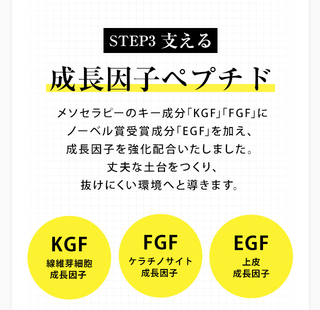 成長因子「KGF」「FGF」「EGF」で支える。メソセラピーのキー成分「KGF」「FGF」にノーベル賞受賞成分「EGF」を加え、成長因子を強化配合。丈夫な土台をつくり、抜けにくい環境へと導きます。