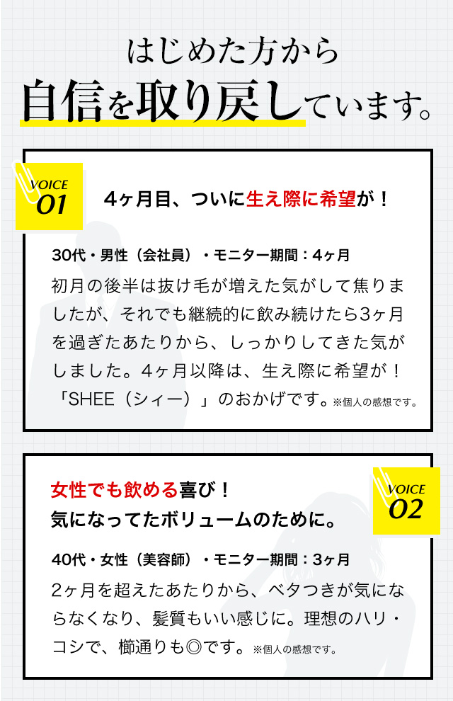 SHEE SUPPLEMENT(シィーサプリメント)ははじめた人から自信を取り戻しています。