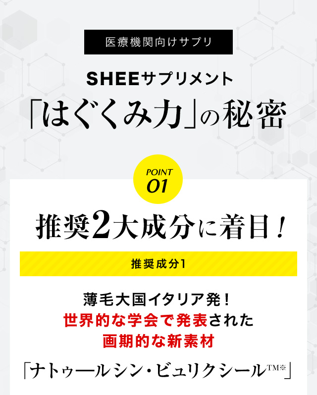 SHEE SUPPLEMENT(シィーサプリメント)のはぐくみの力の秘密。推奨2大成分に着目。薄毛大国イタリア発!世界的な学会で発表された画期的な新素材「ビュリクシール」を配合